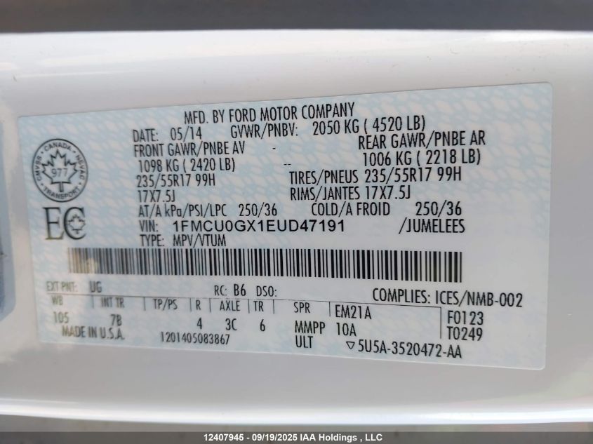 2014 Ford Escape Se VIN: 1FMCU0GX1EUD47191 Lot: 12407945