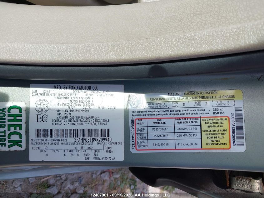 2009 Ford Fusion Sel VIN: 3FAHP08189R209940 Lot: 12407961