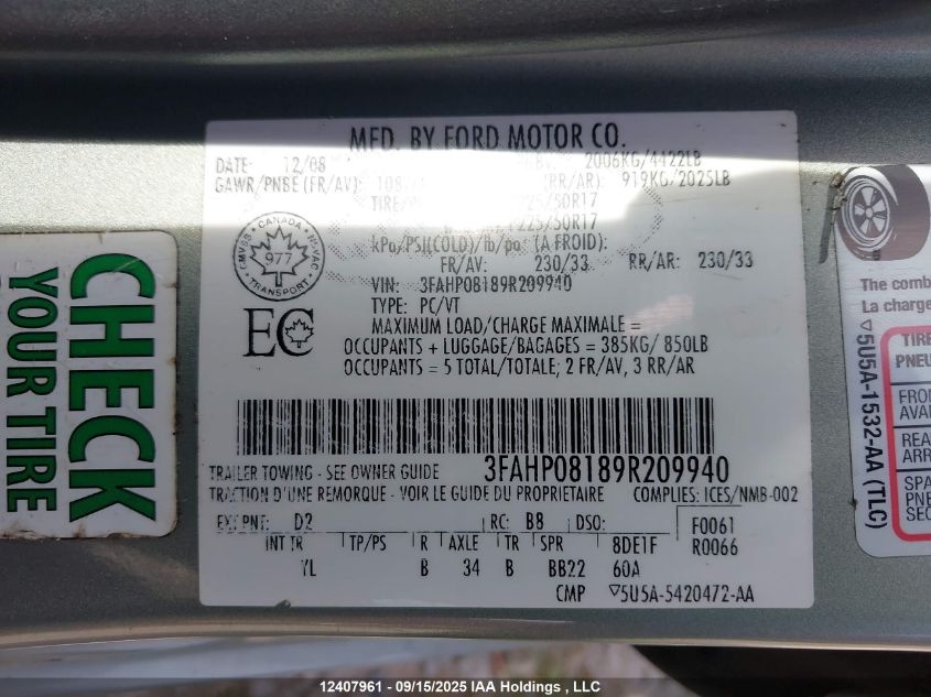 2009 Ford Fusion Sel VIN: 3FAHP08189R209940 Lot: 12407961