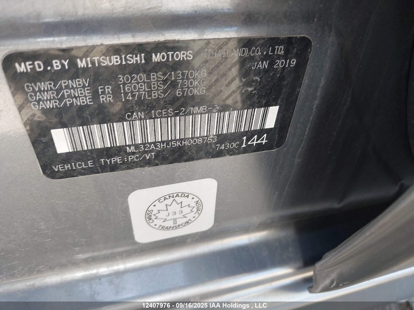 ML32A3HJ5KH008753 2019 MITSUBISHI MIRAGE photo no. 9