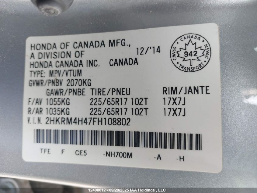 2015 Honda Cr-V Se VIN: 2HKRM4H47FH108802 Lot: 12408012