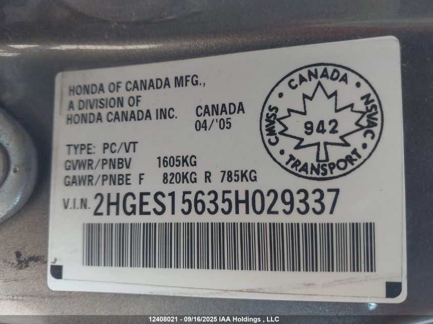 2005 Honda Civic Lx VIN: 2HGES15635H029337 Lot: 12408021