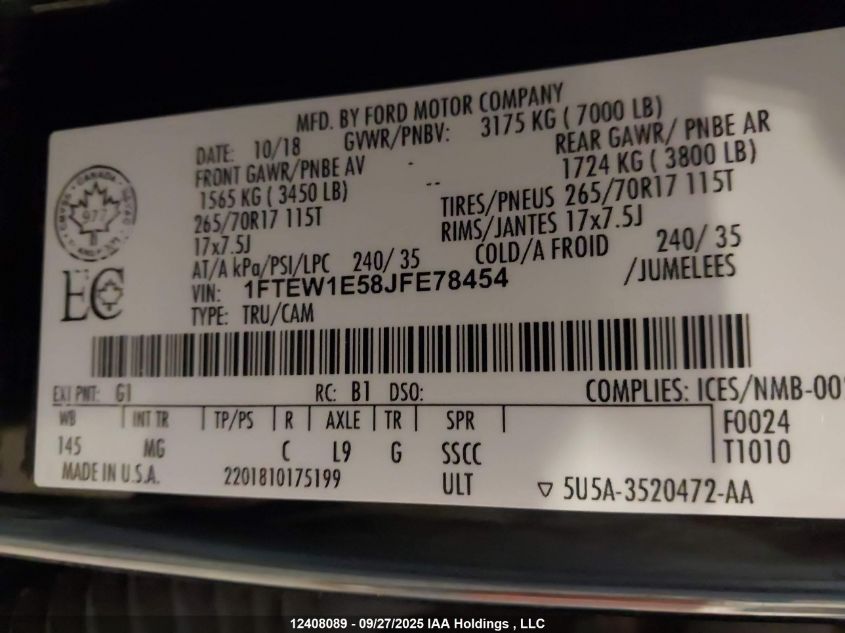 2018 Ford F150 Supercrew VIN: 1FTEW1E58JFE78454 Lot: 12408089