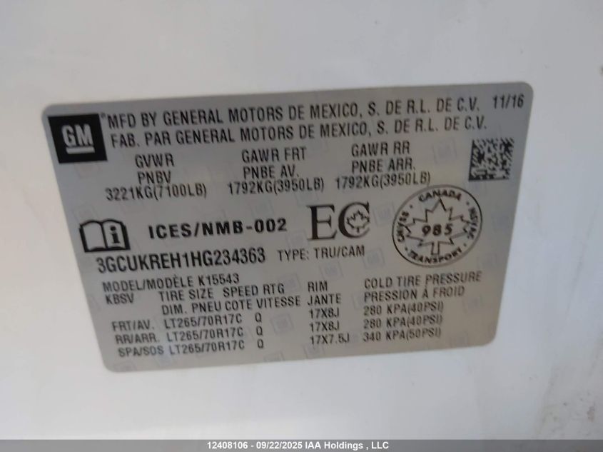 2017 Chevrolet Silverado K1500 Lt VIN: 3GCUKREH1HG234363 Lot: 12408106