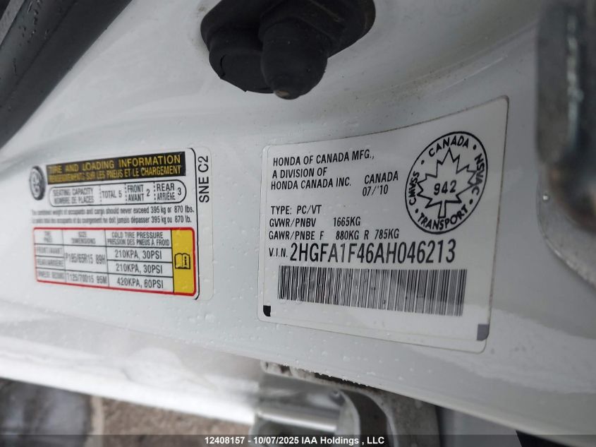 2010 Honda Civic Dx-G VIN: 2HGFA1F46AH046213 Lot: 12408157