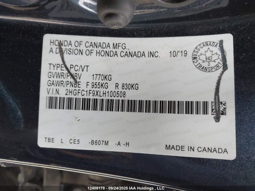 2020 Honda Civic Touring VIN: 2HGFC1F9XLH100508 Lot: 12408178