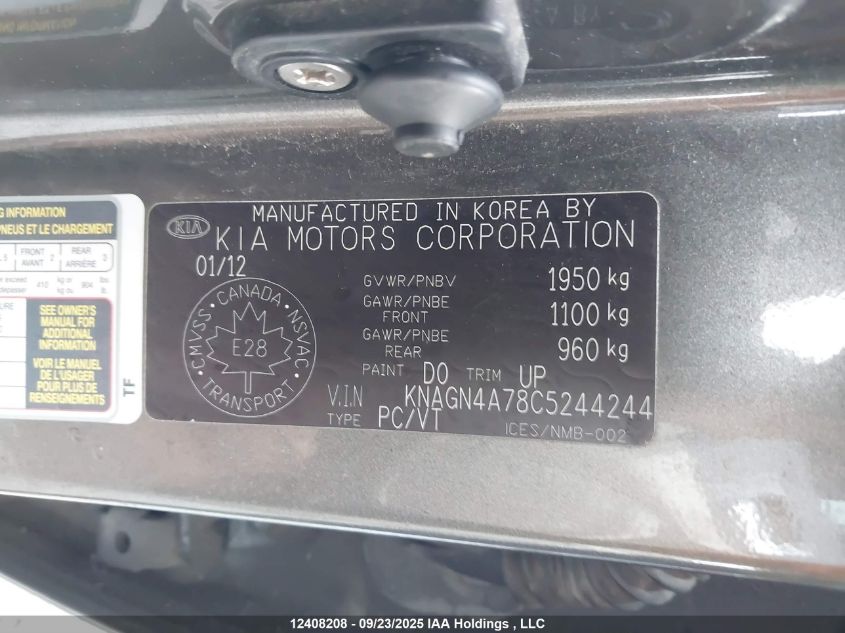 2012 Kia Optima Ex/Ex Luxury/Ex+ VIN: KNAGN4A78C5244244 Lot: 12408208