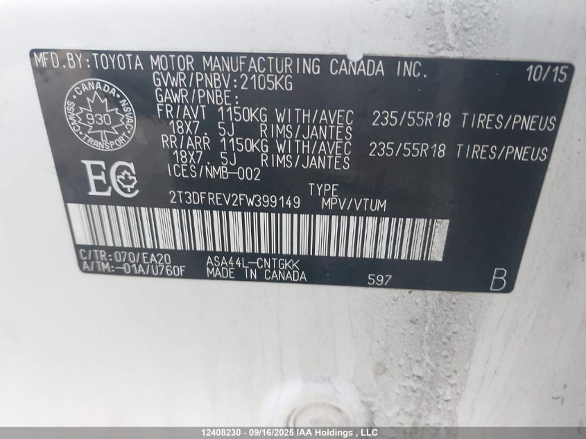 2015 Toyota Rav4 Limited VIN: 2T3DFREV2FW399149 Lot: 12408230