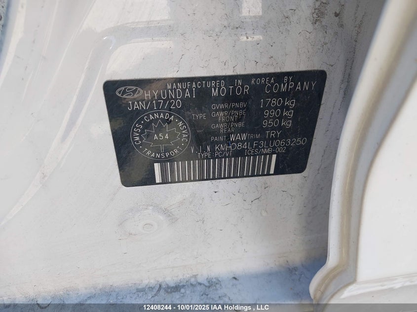 2020 Hyundai Elantra Sel/Value/Limited VIN: KMHD84LF3LU063250 Lot: 12408244