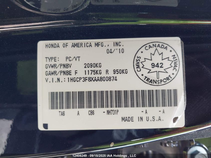 2010 Honda Accord Exl VIN: 1HGCP3F8XAA800874 Lot: 12408249