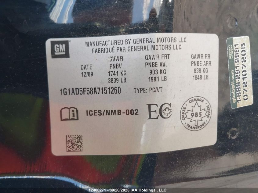 2010 Chevrolet Cobalt 1Lt VIN: 1G1AD5F58A7151260 Lot: 12408271