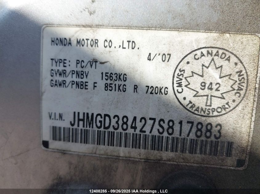 2007 Honda Fit VIN: JHMGD38427S817883 Lot: 12408285