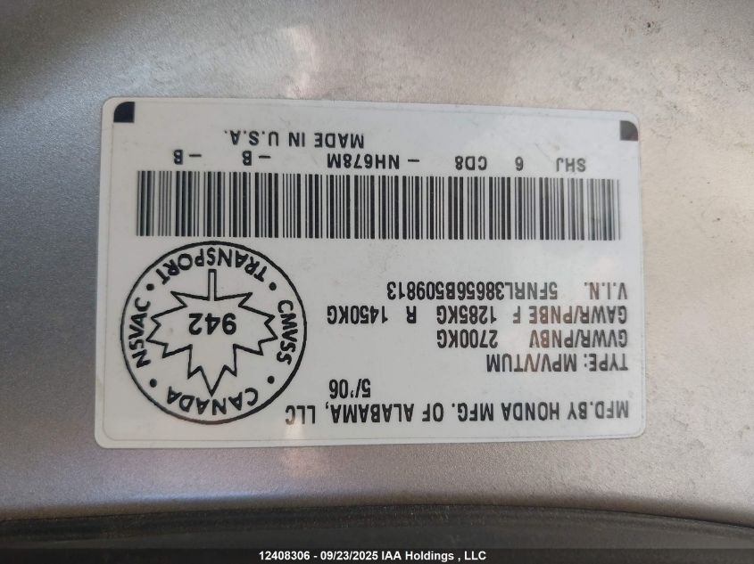 2006 Honda Odyssey Exl VIN: 5FNRL38656B509813 Lot: 12408306