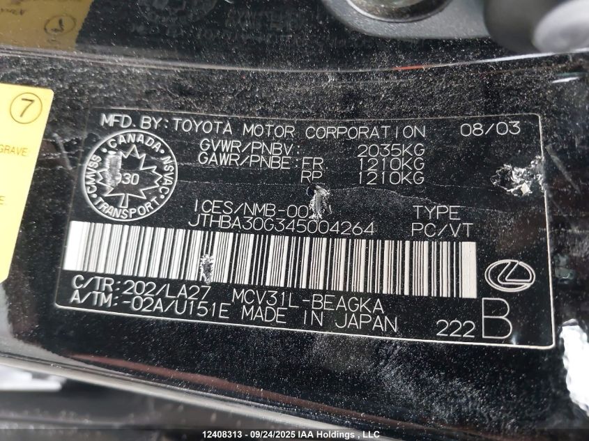 2004 Lexus Es 330 VIN: JTHBA30G345004264 Lot: 12408313