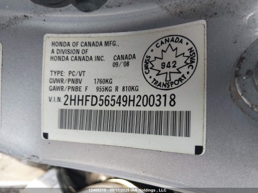 2009 Acura Csx VIN: 2HHFD56549H200318 Lot: 12408318