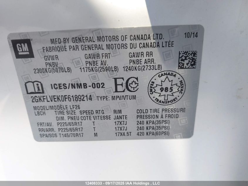 2015 GMC Terrain Sle VIN: 2GKFLVEK0F6189214 Lot: 12408333