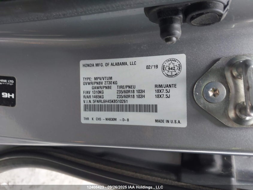 5FNRL6H45KB510261 2019 HONDA ODYSSEY photo no. 9