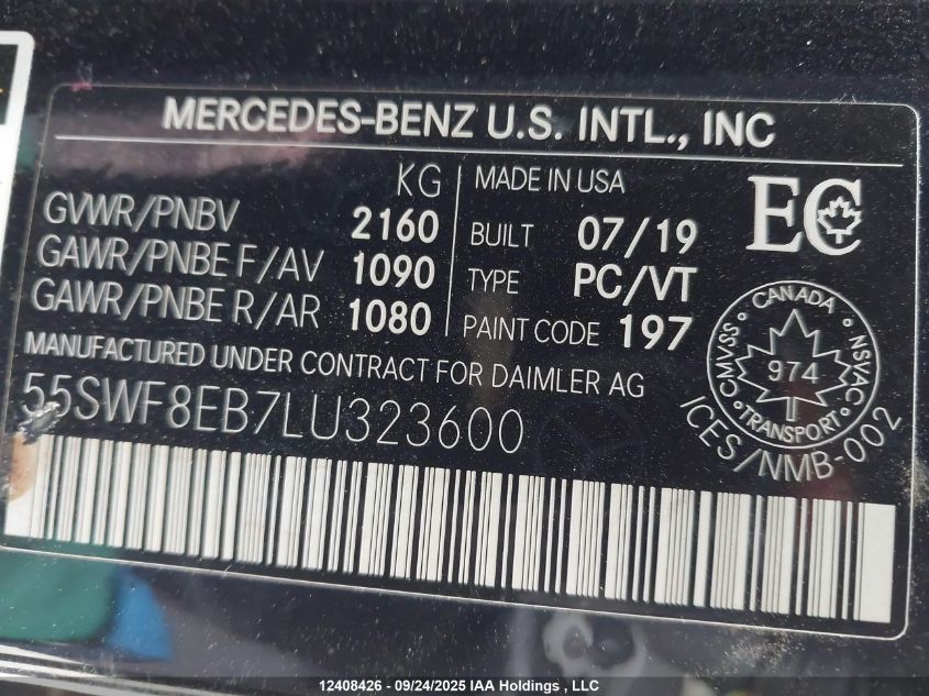 2020 Mercedes-Benz C 300 4Matic VIN: 55SWF8EB7LU323600 Lot: 12408426