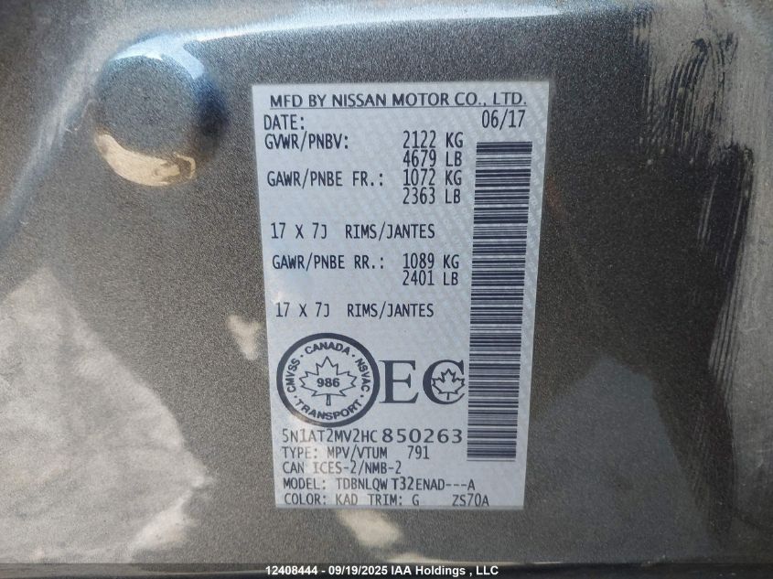 2017 Nissan Rogue S/Sl Platinum/Sv VIN: 5N1AT2MV2HC850263 Lot: 12408444