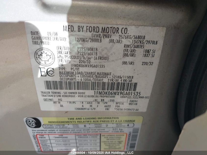 2009 Ford Taurus X Limited VIN: 1FMDK06WX9GA01535 Lot: 12408504