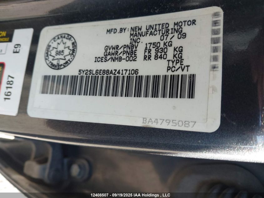 2010 Pontiac Vibe VIN: 5Y2SL6E88AZ417106 Lot: 12408507