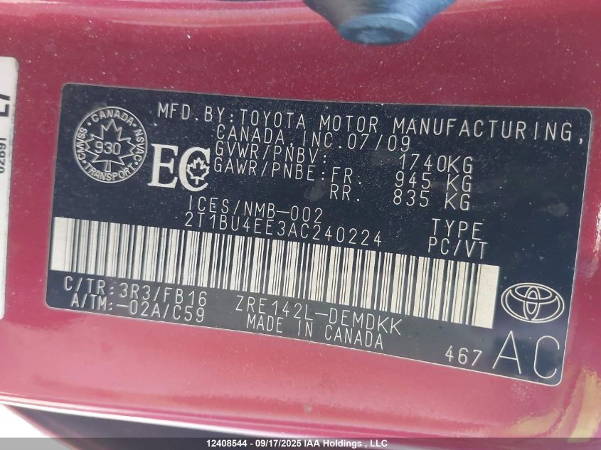 2010 Toyota Corolla Ce VIN: 2T1BU4EE3AC240224 Lot: 12408544