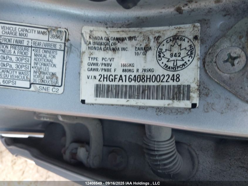 2008 Honda Civic Dx-G VIN: 2HGFA16408H002248 Lot: 12408549