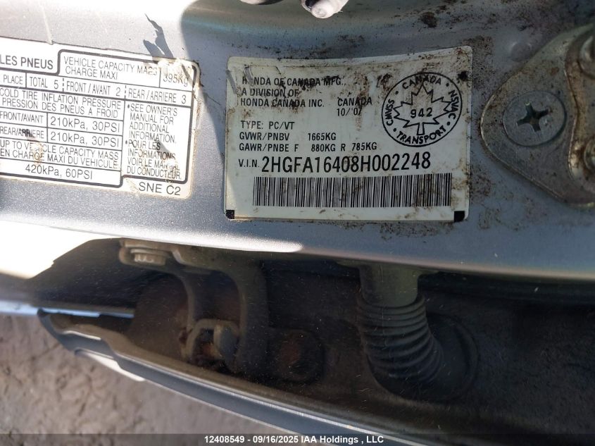 2008 Honda Civic Dx-G VIN: 2HGFA16408H002248 Lot: 12408549
