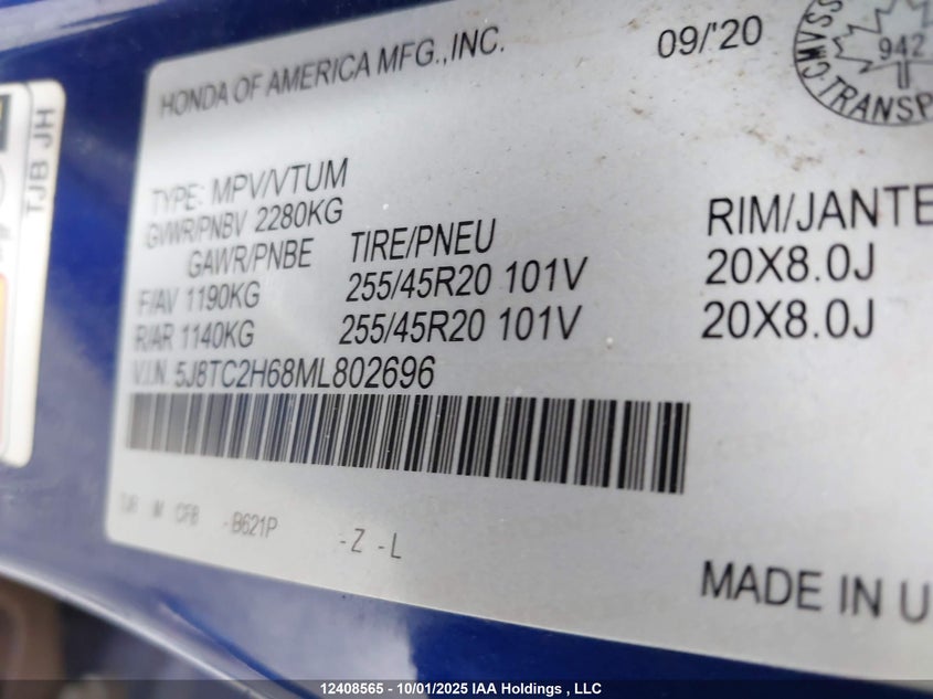 2021 Acura Rdx A-Spec VIN: 5J8TC2H68ML802696 Lot: 12408565