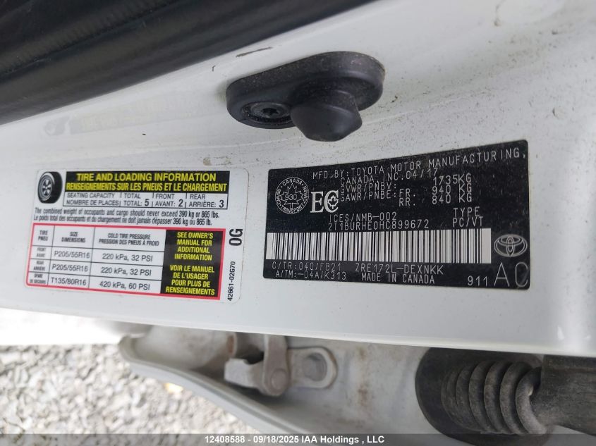 2017 Toyota Corolla Le VIN: 2T1BURHE0HC899672 Lot: 12408588