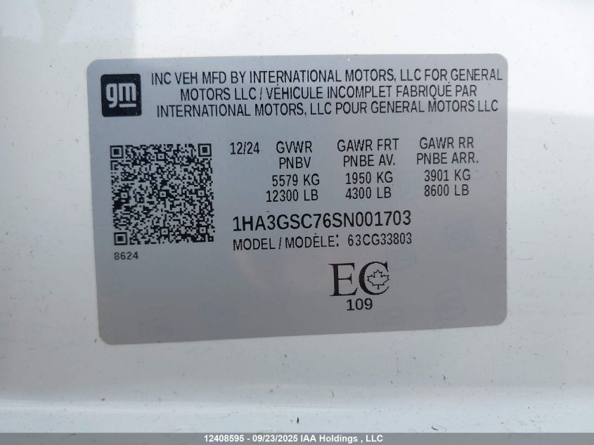 2025 Chevrolet Express Cutaway Work Van VIN: 1HA3GSC76SN001703 Lot: 12408595