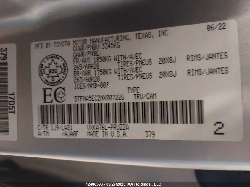 2022 Toyota Tundra Platinum VIN: 5TFNA5EC2NX007226 Lot: 12408598