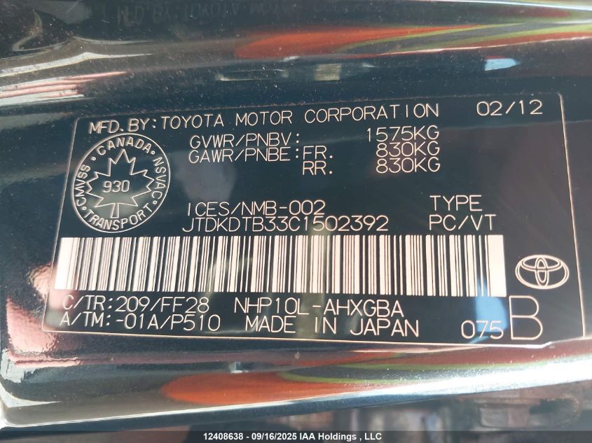 2012 Toyota Prius C VIN: JTDKDTB33C1502392 Lot: 12408638