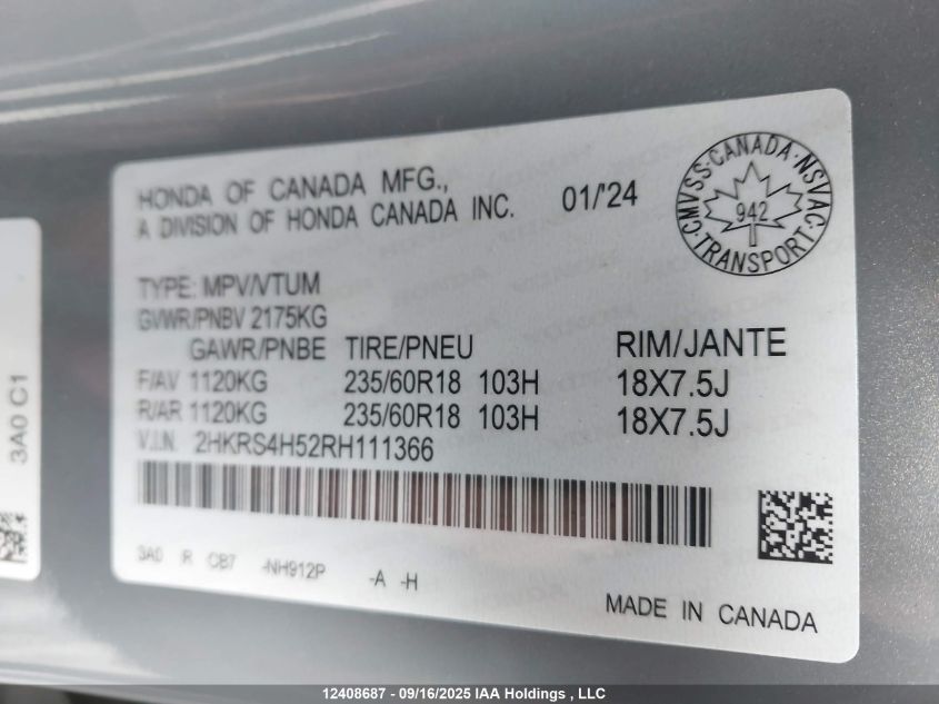 2024 Honda Cr-V Sport VIN: 2HKRS4H52RH111366 Lot: 12408687