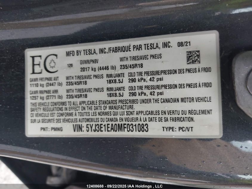 2021 Tesla Model 3 Standard Range/Standard Range Plus VIN: 5YJ3E1EA0MF031083 Lot: 12408688