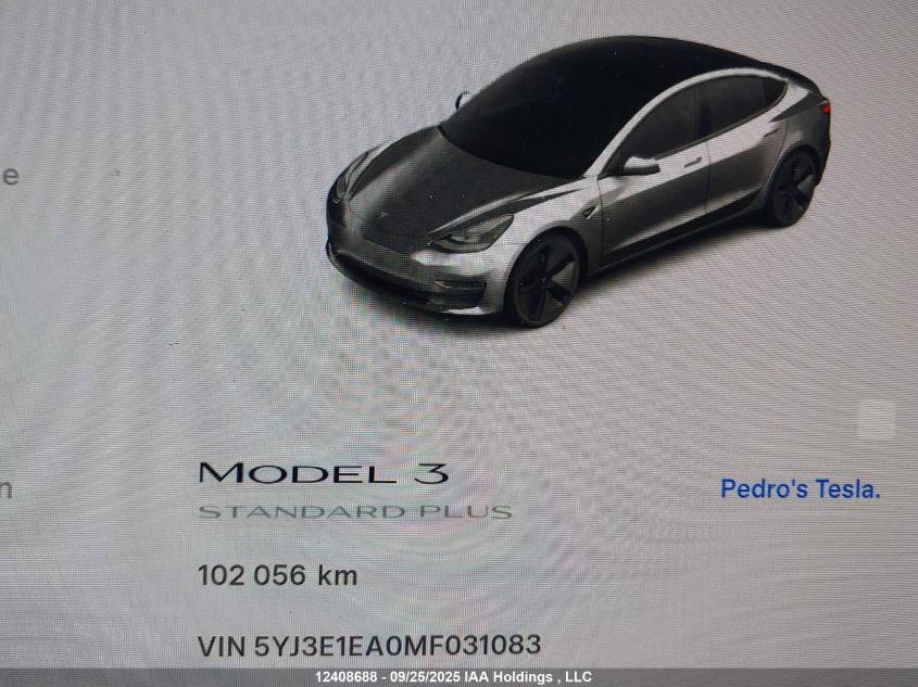 2021 Tesla Model 3 Standard Range/Standard Range Plus VIN: 5YJ3E1EA0MF031083 Lot: 12408688