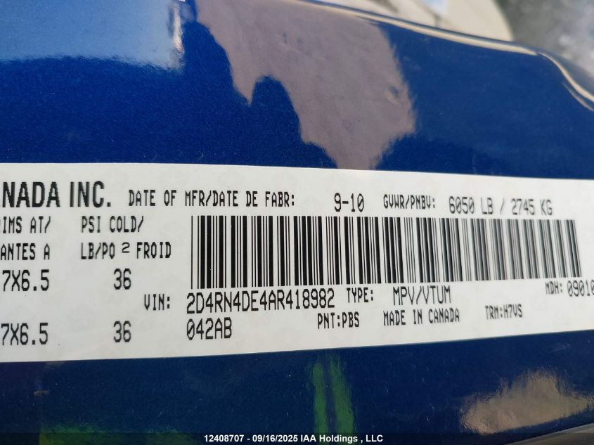 2010 Dodge Grand Caravan Se VIN: 2D4RN4DE4AR418982 Lot: 12408707