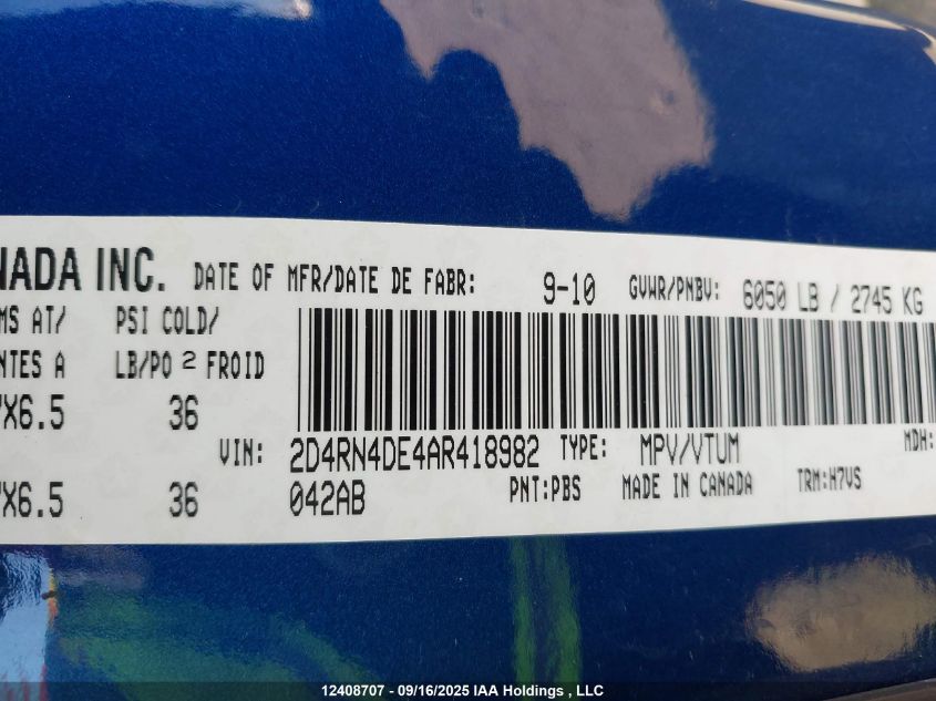 2010 Dodge Grand Caravan Se VIN: 2D4RN4DE4AR418982 Lot: 12408707