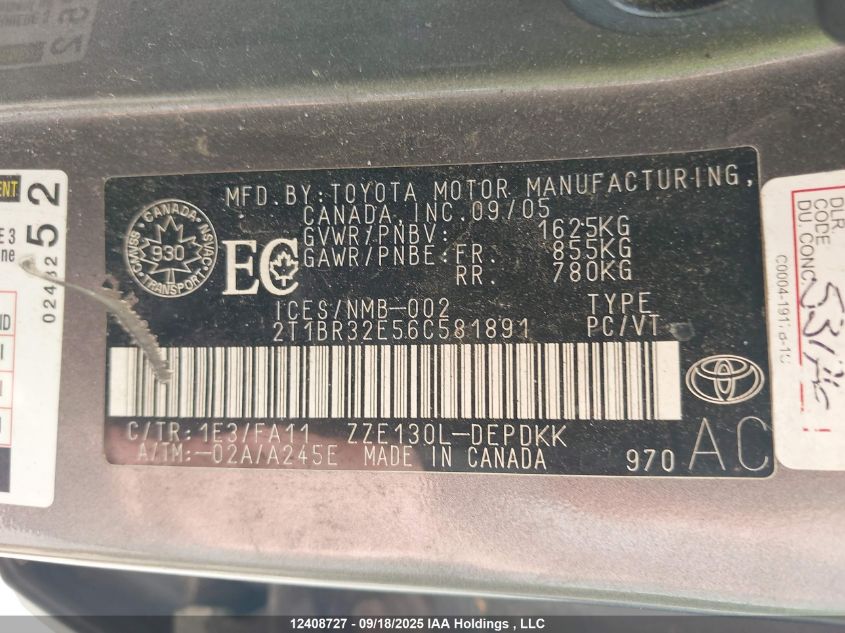 2006 Toyota Corolla Ce/Le/S VIN: 2T1BR32E56C581891 Lot: 12408727