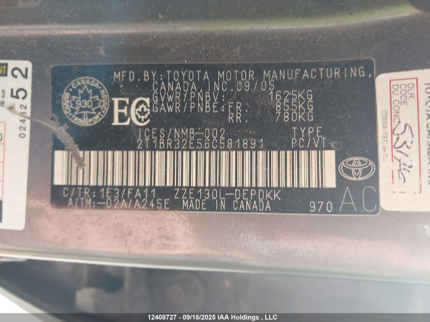 2006 Toyota Corolla Ce/Le/S VIN: 2T1BR32E56C581891 Lot: 12408727