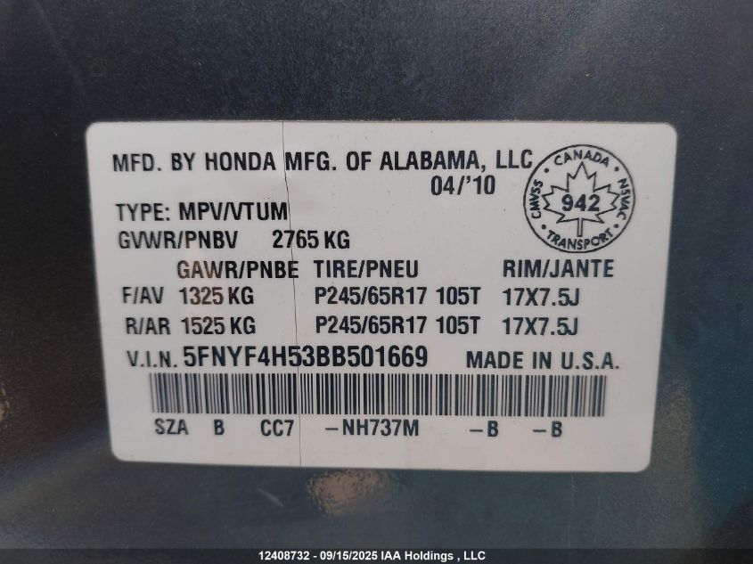 2011 Honda Pilot Ex-L VIN: 5FNYF4H53BB501669 Lot: 12408732