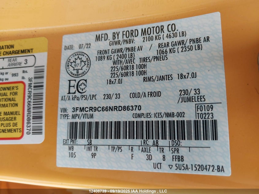 3FMCR9C66NRD86370 2022 FORD BRONCO SPORT photo no. 9