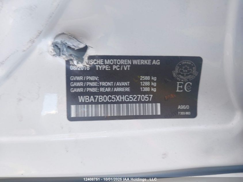 2017 BMW 750I xDrive VIN: WBA7B0C5XHG527057 Lot: 12408751