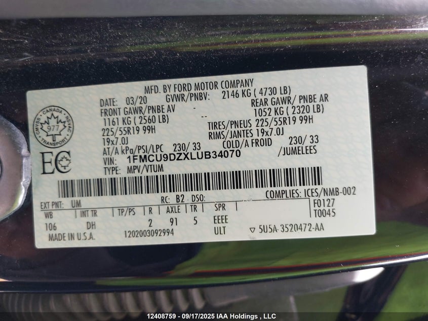1FMCU9DZXLUB34070 2020 FORD ESCAPE photo no. 19