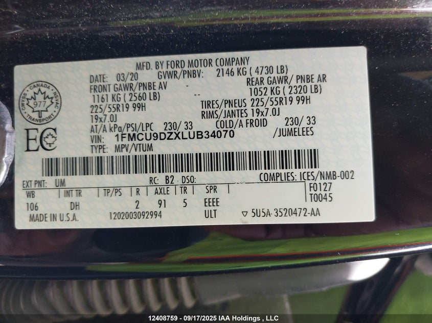 1FMCU9DZXLUB34070 2020 FORD ESCAPE photo no. 9