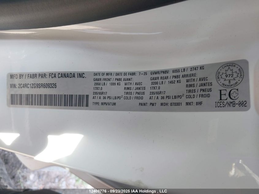 2025 Chrysler Grand Caravan Sxt VIN: 2C4RC1ZG9SR609326 Lot: 12408776