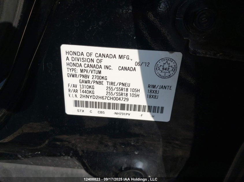 2HNYD2H67CH004729 2012 ACURA MDX photo no. 9
