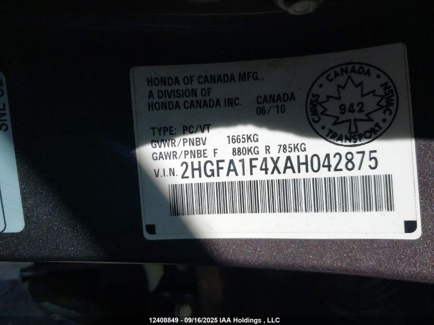 2010 Honda Civic Dx-G VIN: 2HGFA1F4XAH042875 Lot: 12408849