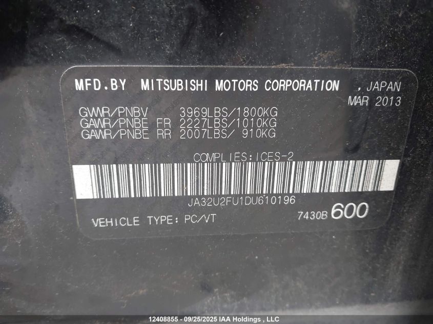 2013 Mitsubishi Lancer VIN: JA32U2FU1DU610196 Lot: 12408855