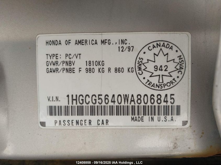 1998 Honda Accord Lx VIN: 1HGCG5640WA806845 Lot: 12408858
